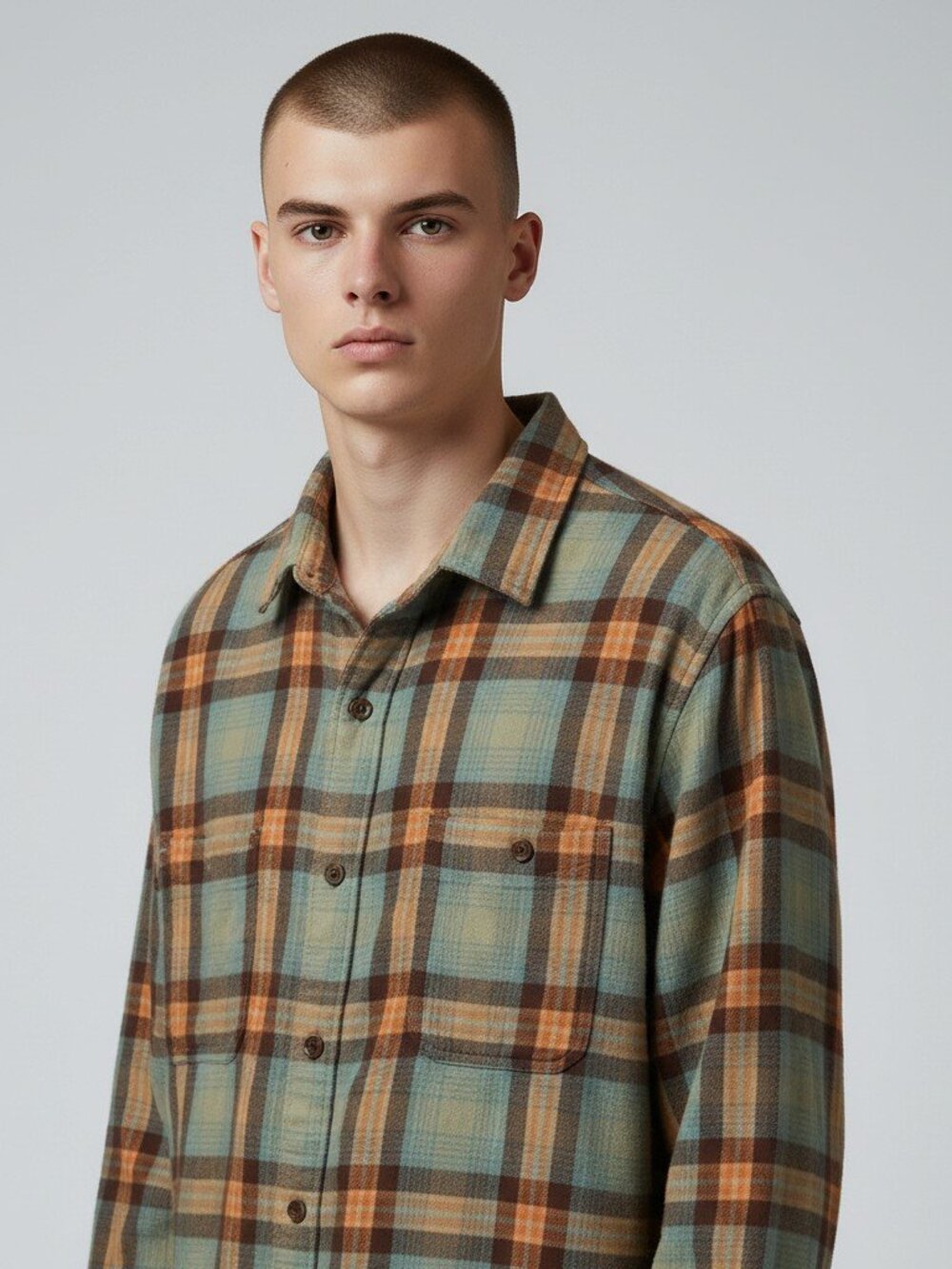 Bixby Men’s XL Plaid Button Up Shirt Sage Teal Brown Orange Cotton Blend